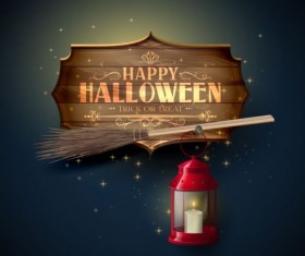 halloween sign and lantern with broom vector