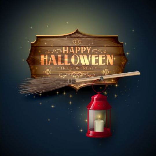 halloween sign and lantern with broom vector