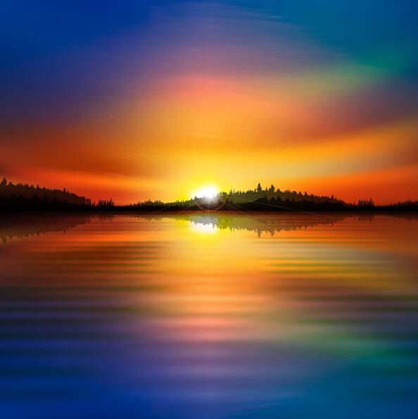 lake landscape with sunset vector 01
