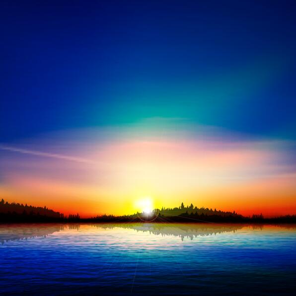 lake landscape with sunset vector 06