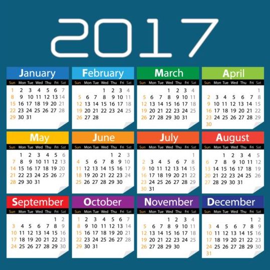2017 colored calendar with blue background vector