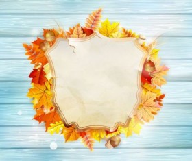 Autumn leaves frame with wooden floor background vector 01
