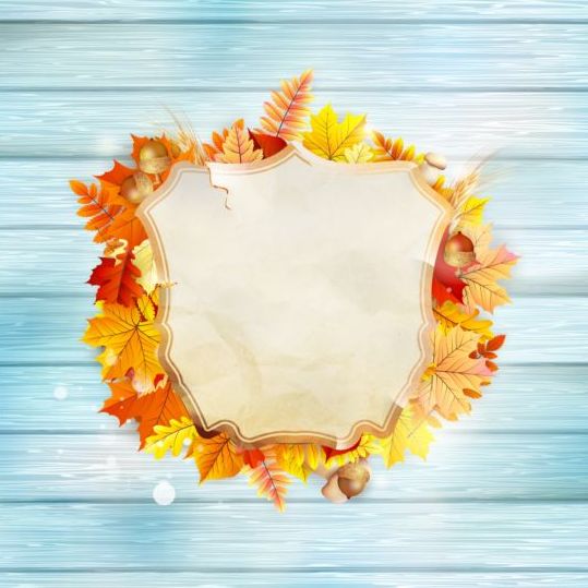 Autumn leaves frame with wooden floor background vector 01