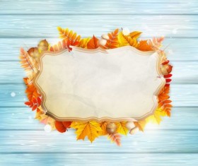 Autumn leaves frame with wooden floor background vector 02
