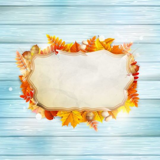 Autumn leaves frame with wooden floor background vector 02