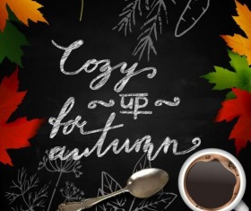 Autumn leaves with coffee and chalkboard background vector 01