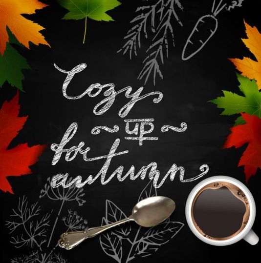 Autumn leaves with coffee and chalkboard background vector 01
