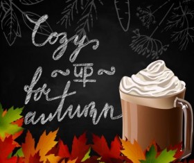 Autumn leaves with coffee and chalkboard background vector 02