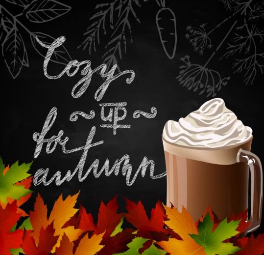 Autumn leaves with coffee and chalkboard background vector 02