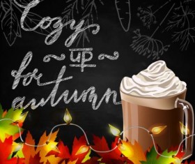 Autumn leaves with coffee and chalkboard background vector 03