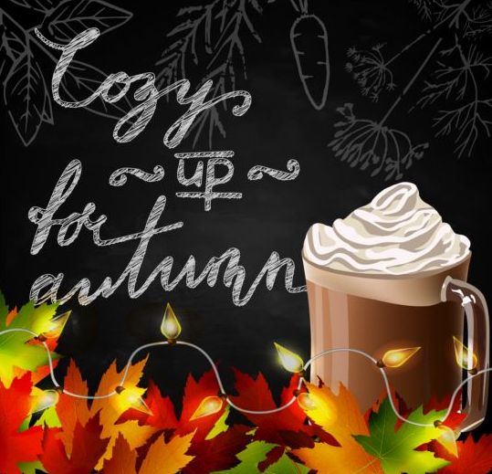 Autumn leaves with coffee and chalkboard background vector 03
