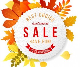 Autumn leaves with round sale label vector