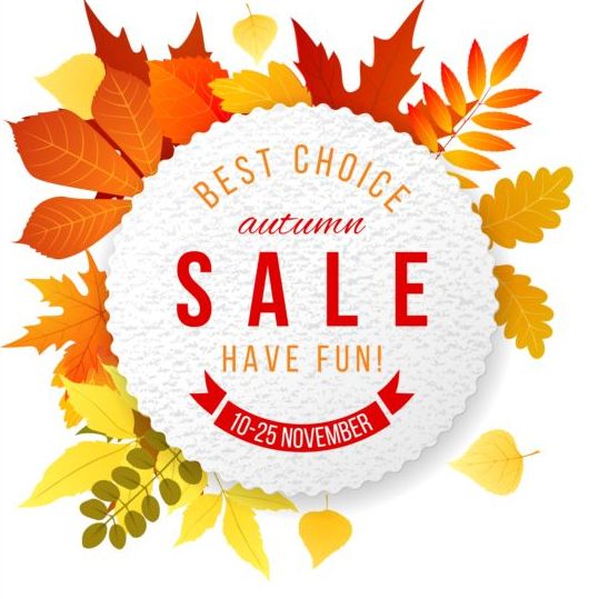 Autumn leaves with round sale label vector