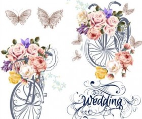 Beautiful bicycles with realistic roses wedding card vector 01