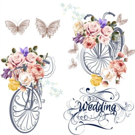 Beautiful bicycles with realistic roses wedding card vector 01