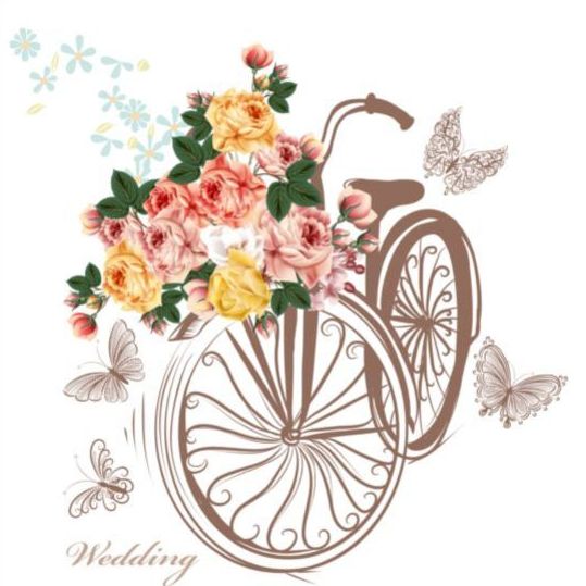 Beautiful bicycles with realistic roses wedding card vector 02