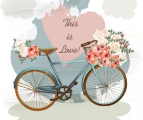 Bicycles with pink roses flower and heart background vector
