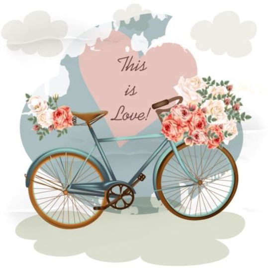 Bicycles with pink roses flower and heart background vector