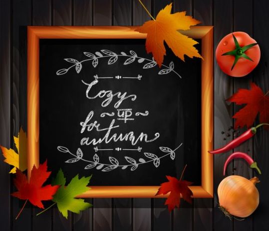 Chalkboard frame with autumn leaves and wooden background 01