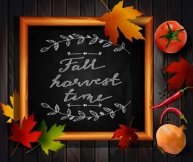 Chalkboard frame with autumn leaves and wooden background 02