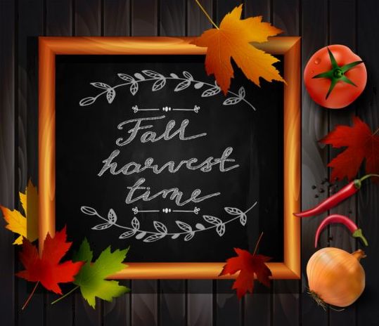 Chalkboard frame with autumn leaves and wooden background 02