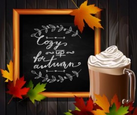 Chalkboard frame with autumn leaves and wooden background 03