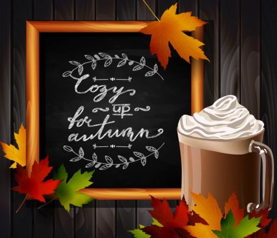 Chalkboard frame with autumn leaves and wooden background 03