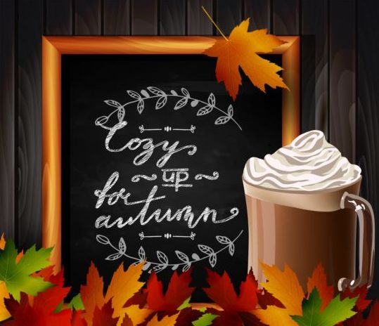 Chalkboard frame with autumn leaves and wooden background 04