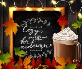 Chalkboard frame with autumn leaves and wooden background 05