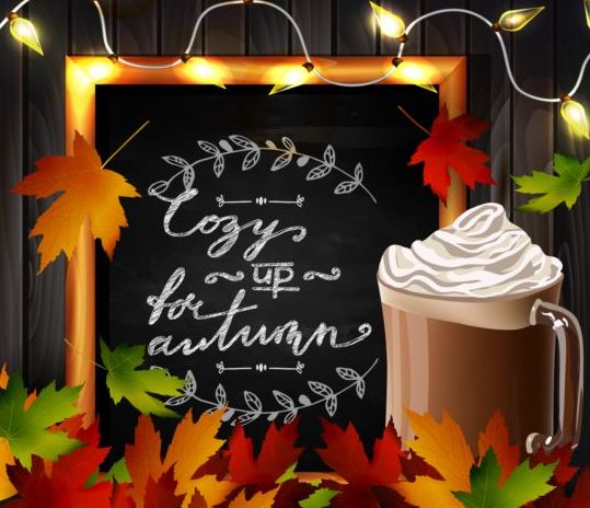 Chalkboard frame with autumn leaves and wooden background 05