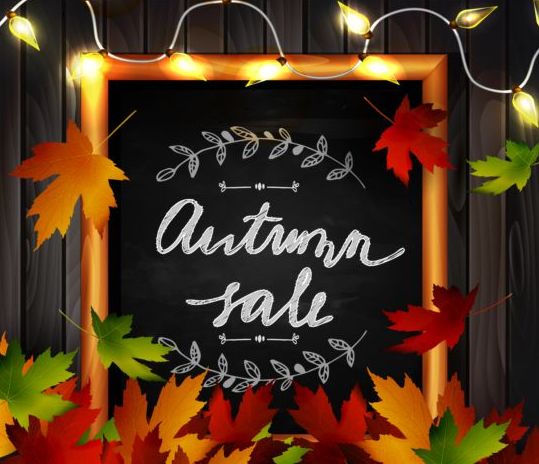 Chalkboard frame with autumn leaves and wooden background 08