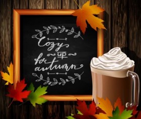 Chalkboard frame with autumn leaves and wooden background 12
