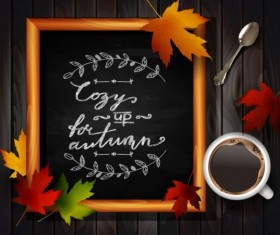 Chalkboard frame with autumn leaves and wooden background 13