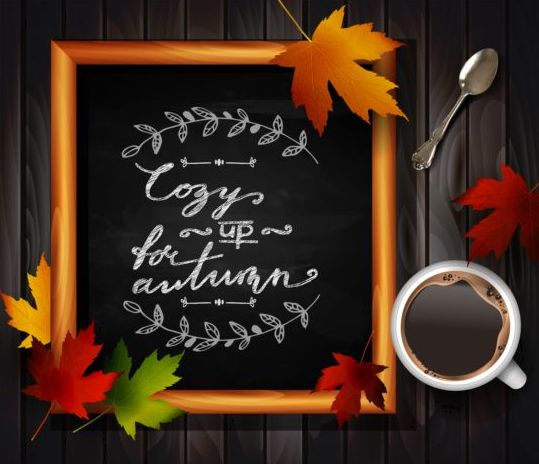 Chalkboard frame with autumn leaves and wooden background 13