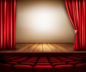 Cinema background with red curtain and hand vector