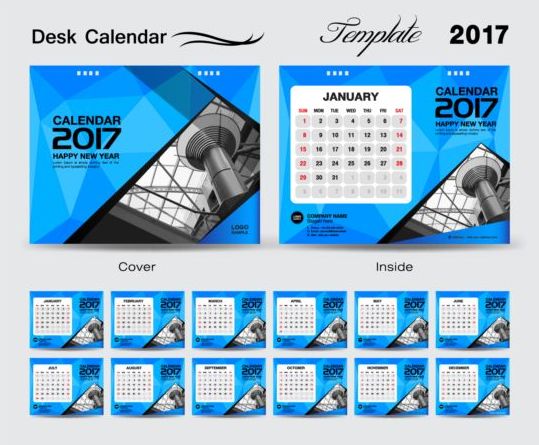 Desk calendar 2017 geometric blue vector template
