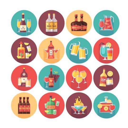 Drinks with wine long shadow icons set 01