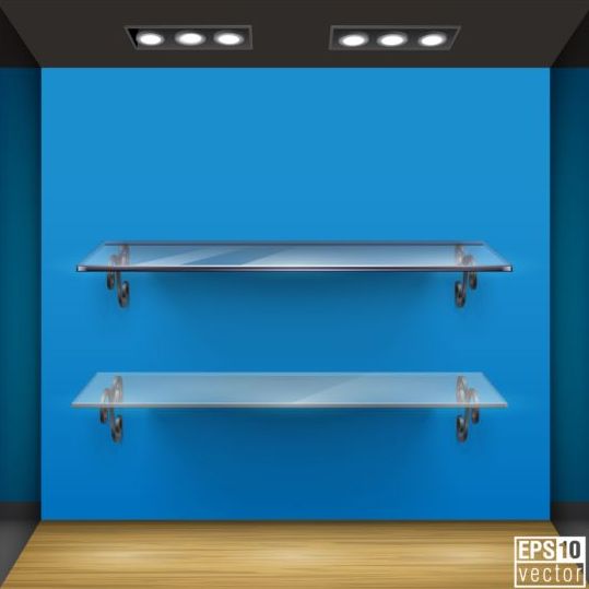 Glass shelves display blue background vector