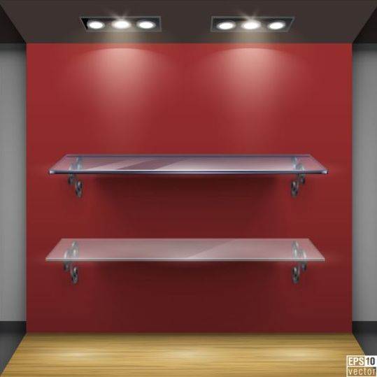 Glass shelves display red background vector