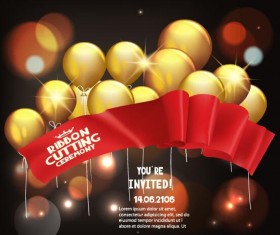 Golden balloon with red ribbon grand poening invited card vector