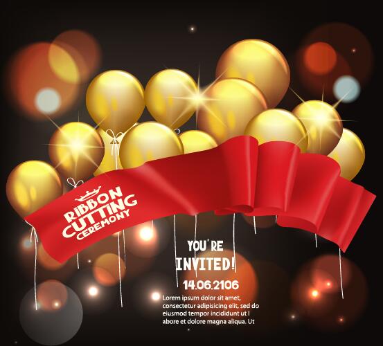 Golden balloon with red ribbon grand poening invited card vector