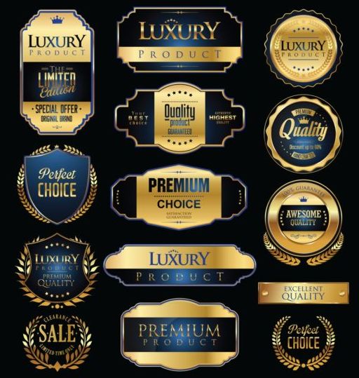 Golden with blue luxury badges and labels vector
