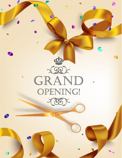 Grand poening invited card with golden ribbon vector