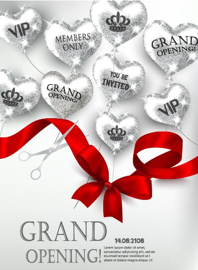 Grand poening invited card with heart balloon and ribbon vector 02