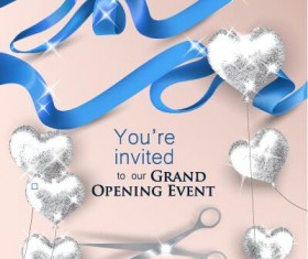 Grand poening invited card with heart balloon and ribbon vector 03