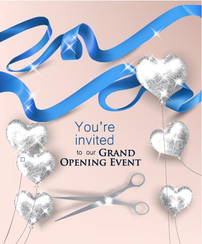 Grand poening invited card with heart balloon and ribbon vector 03