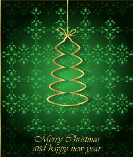 Green christmas background with golden xmas tree vectors