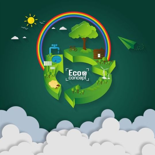 Green eco earth with paper cloud vector template 01