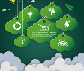 Green eco earth with paper cloud vector template 02