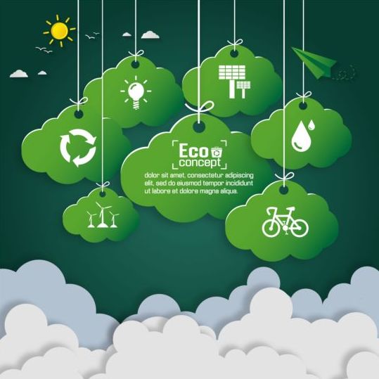 Green eco earth with paper cloud vector template 02